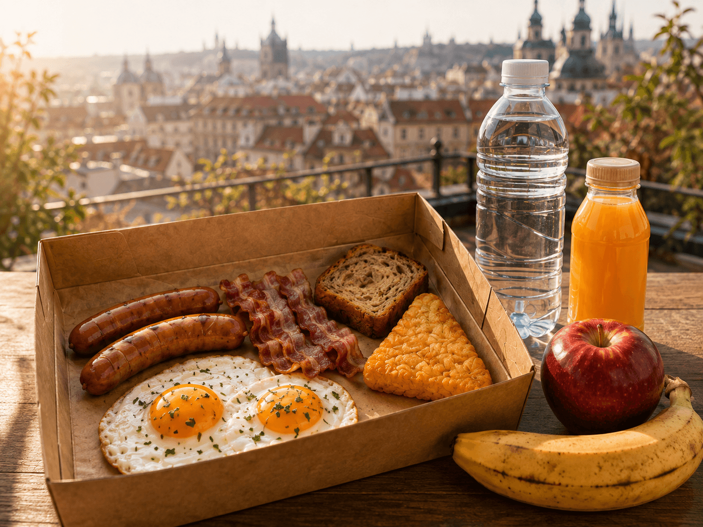 Crumbly Breakfast Box with two chicken sausages, bacon, two sunny-side-up eggs, hash brown and banana bread