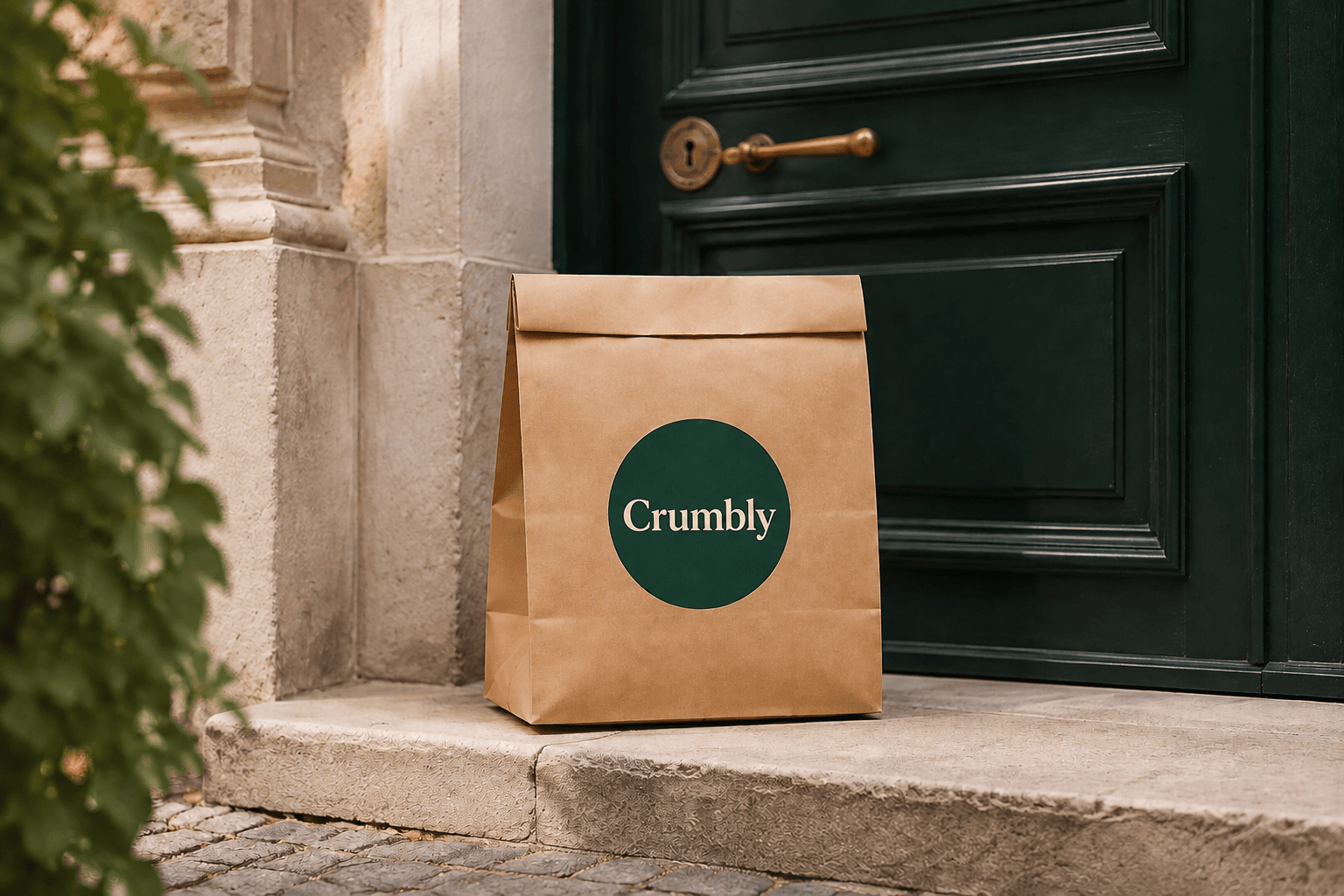 Crumbly breakfast delivery bag at an apartment door