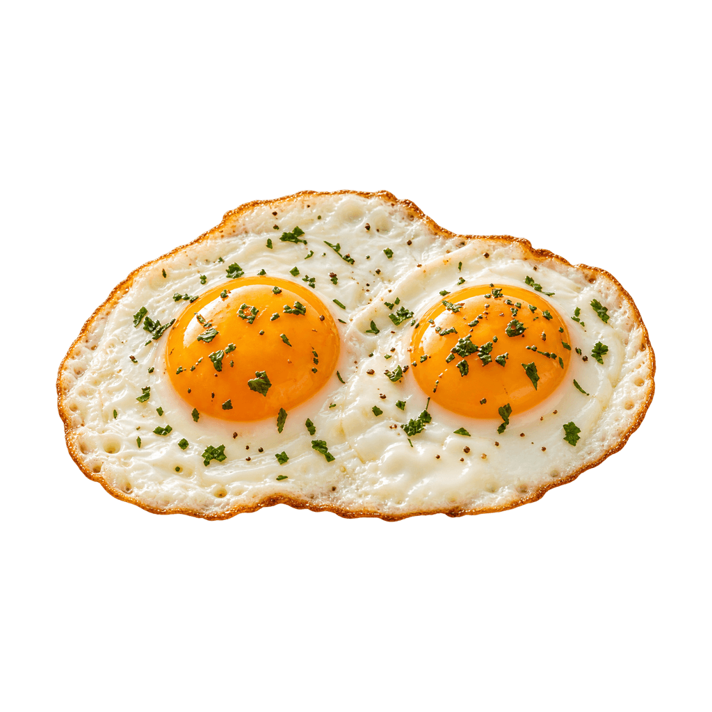 Two sunny-side-up fried eggs with herbs and intact visible yolks